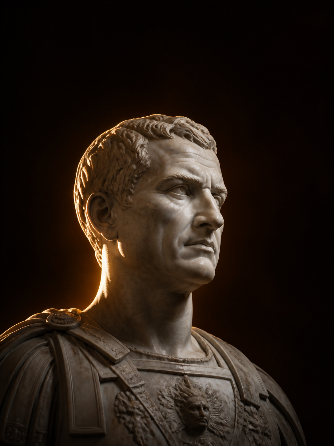 Marble bust of a Roman commander in dramatic warm light