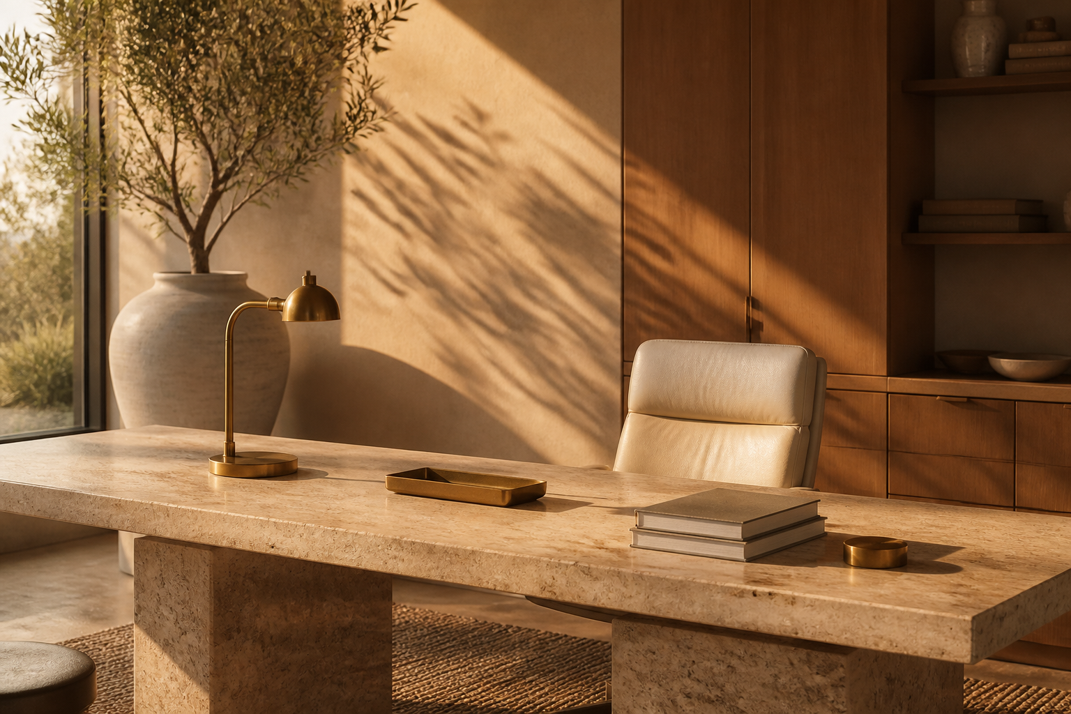 Sunlit meeting room with a stone table and warm oak furnishings